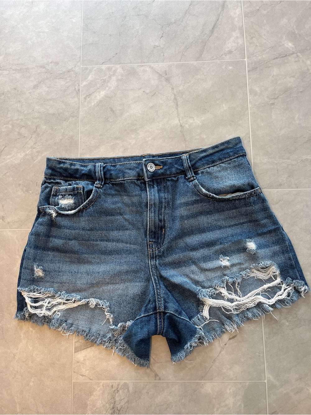 Sincerely Jules Blue Distressed Denim Shorts size 7/28 zip cotton blend women